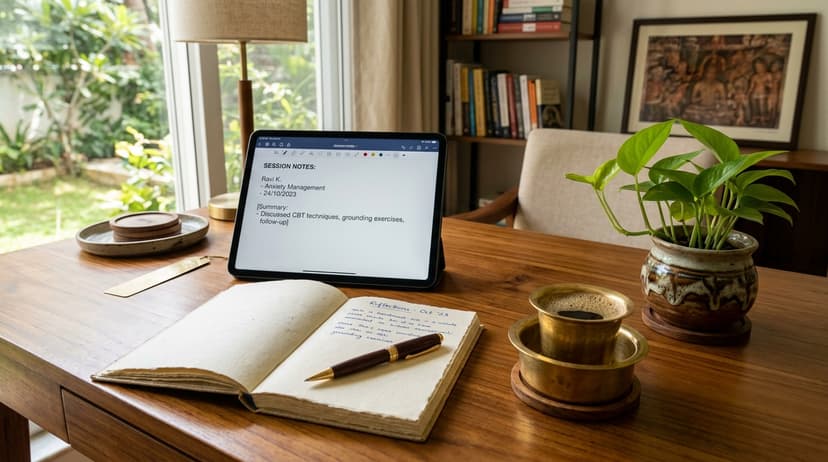 Therapist updating digital progress logs on a modern clean office desk