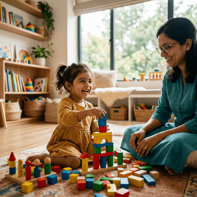 Warm contemporary clinical therapy and rehabilitation consultation suite with Indian pediatric specialist and child