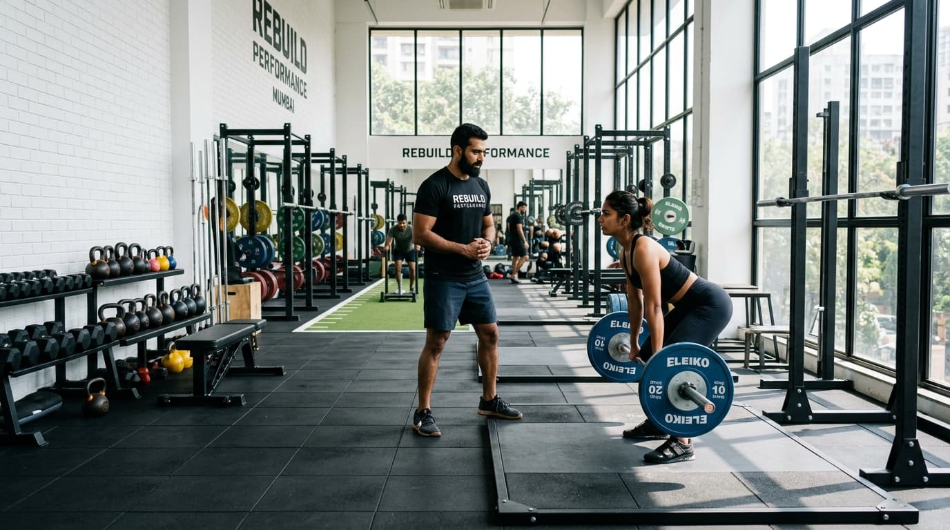 Modern high-performance athletic training center in Mumbai with Indian strength coach and female athlete deadlifting with Olympic barbell