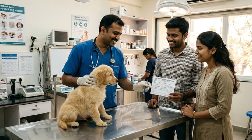 Veterinarian gently examining a puppy in exam room