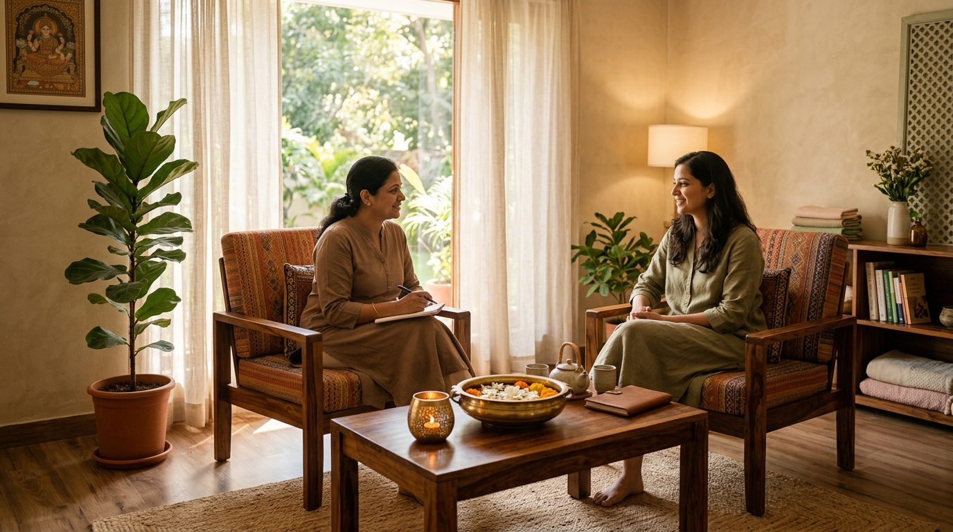 Serene aesthetic consultation lounge with two Indian women, brass urli with flowers, tea pot, and Tanjore painting