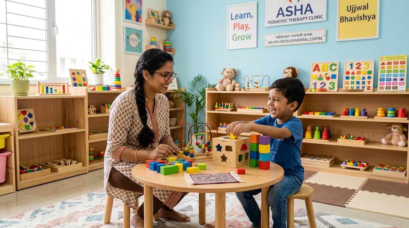 Asha Pediatric Therapy Clinic with Indian specialist and child engaged in milestone learning