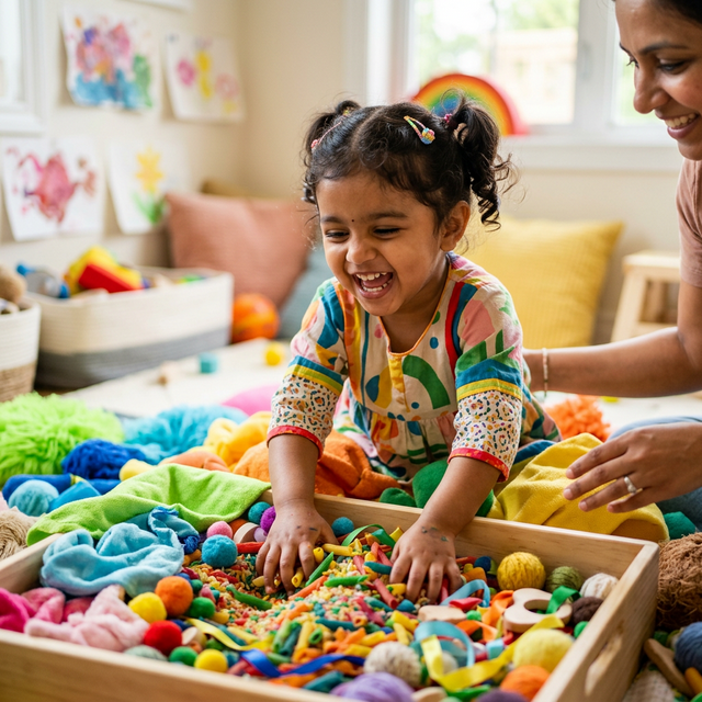 Indian child engaged in sensory development occupational therapy session with specialist