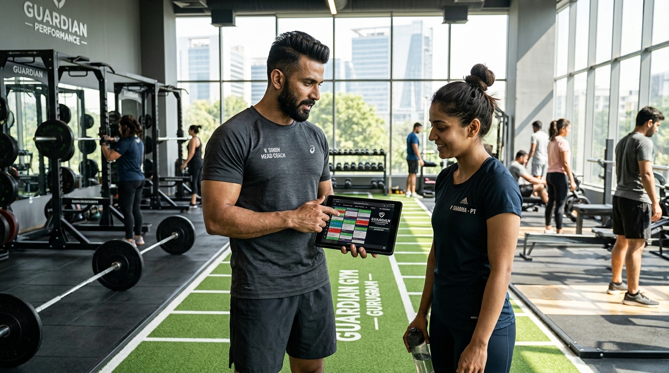Head coach and female trainer reviewing schedule roster grid on iPad at Guardian Gym Gurugram