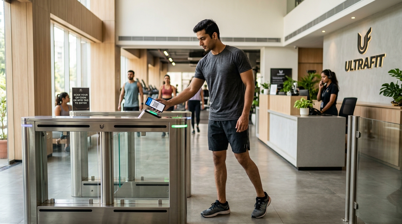 Modern gym turnstile and access control with athlete scanning mobile phone