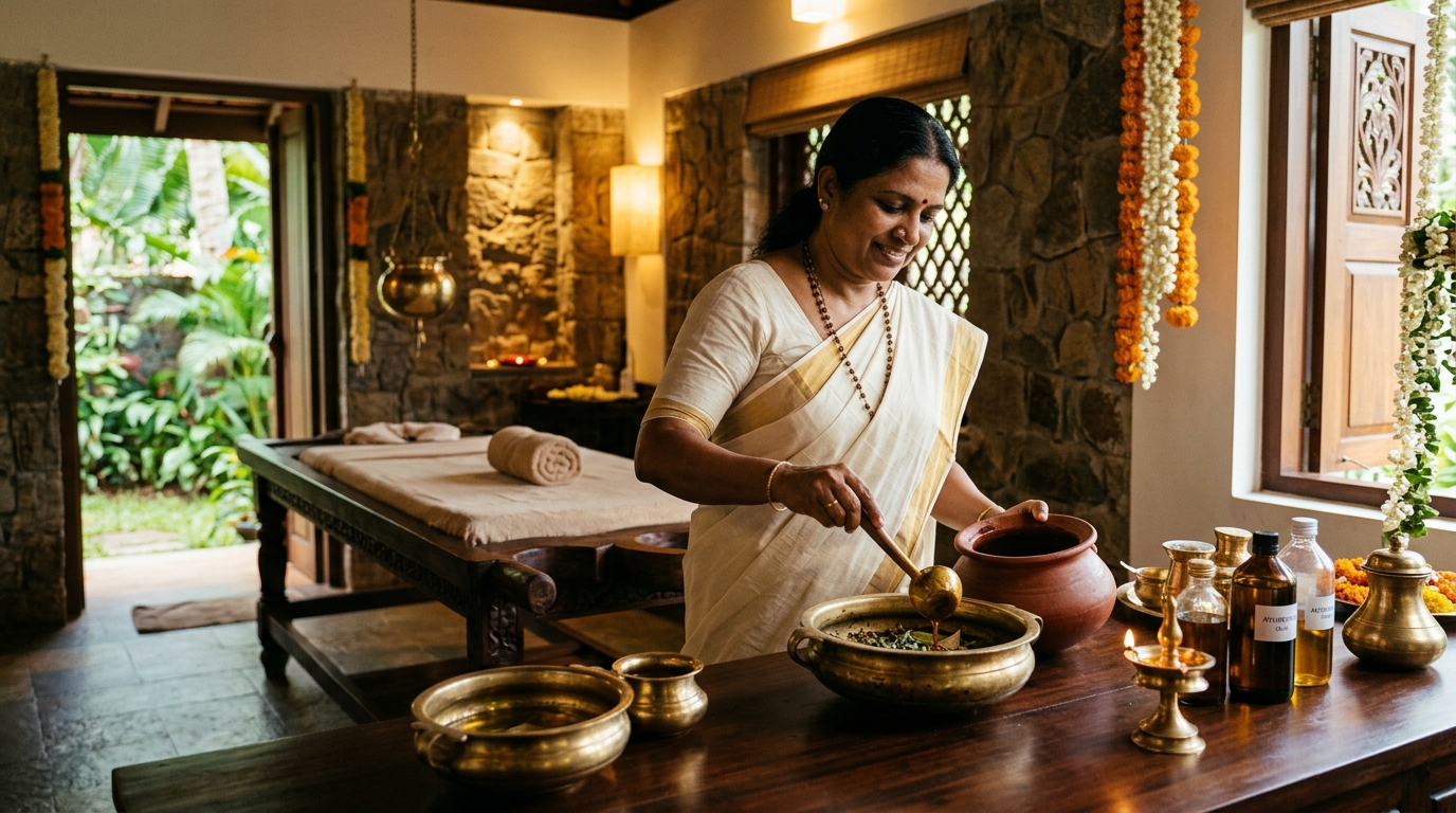 Indian wellness therapist in Kerala kasavu saree preparing warm herbal oils in teakwood therapy suite