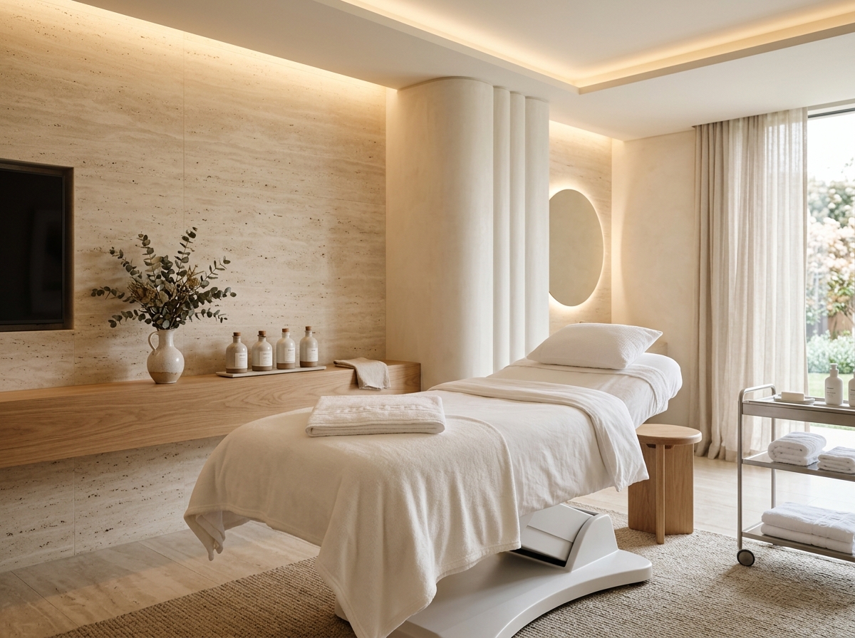 Serene luxury spa treatment room with limestone finishes and treatment bed