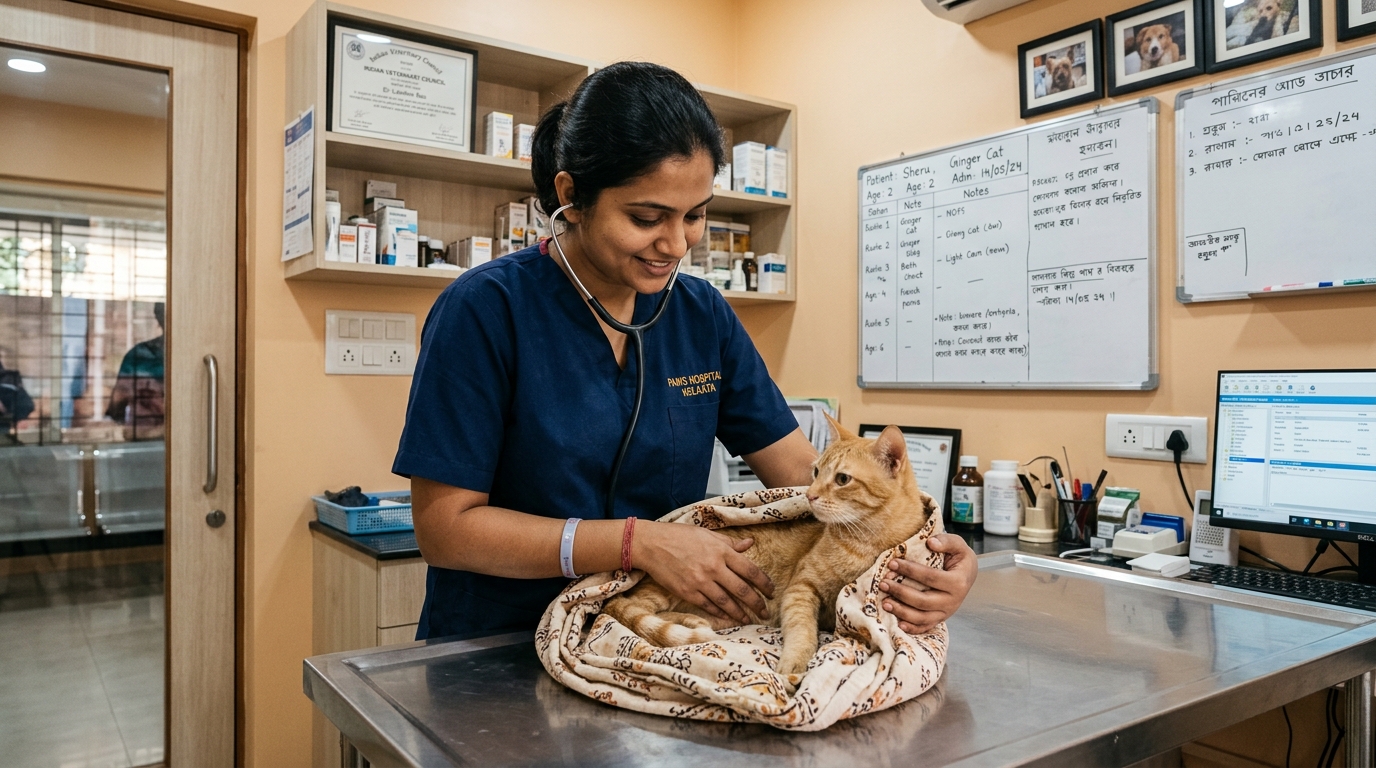 Veterinarian carefully monitoring cat heart rate with stethoscope in clinic
