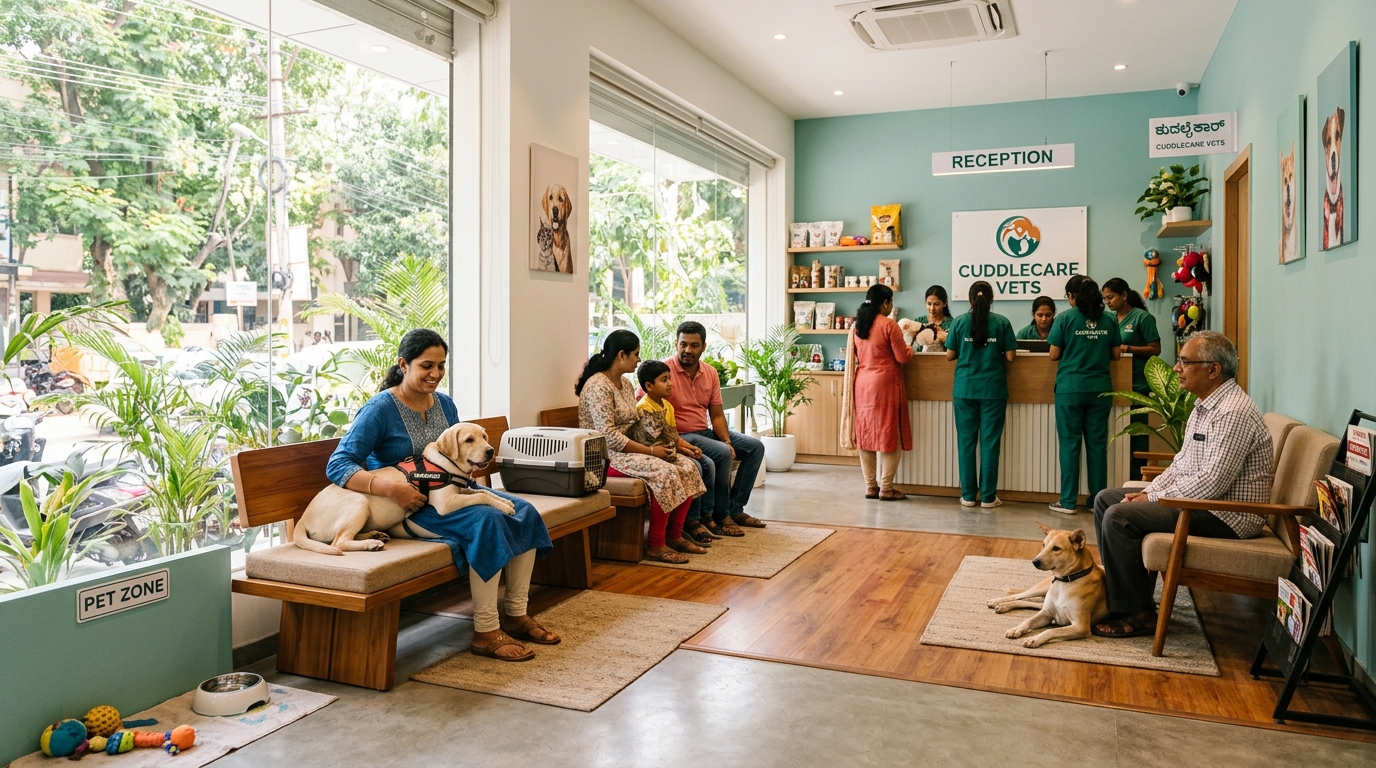 Bangalore veterinary clinic waiting reception with pet parent, family, and calm Labrador